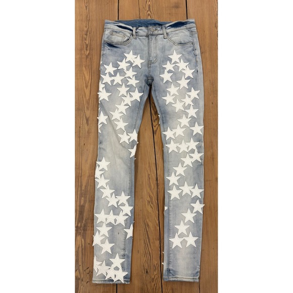 MNML Star Patch Light Wash Denim Jeans Mens Size 31 Grunge Skinny Stretch - Picture 2 of 7